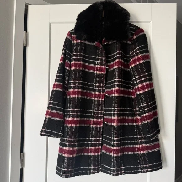 NWT Kate Spade Top Collar Fur Plaid Wool Coat - Picture 1 of 7